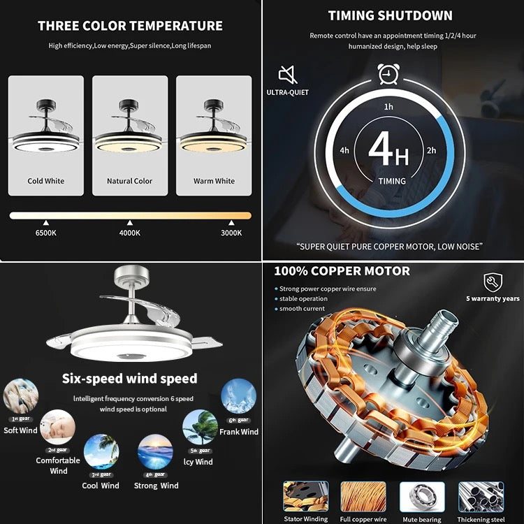Modern Ventilation Fans Bedroom, Dining Room Bluetooth Speaker LED Ceiling Fan 42 Inch Remote Control