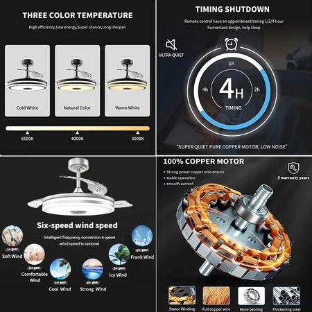 Modern Ventilation Fans Bedroom, Dining Room Bluetooth Speaker LED Ceiling Fan 42 Inch Remote Control