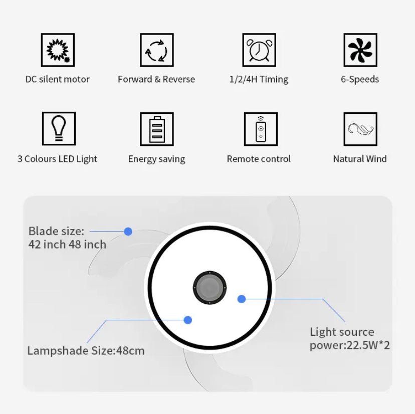 Modern Ventilation Fans Bedroom, Dining Room Bluetooth Speaker LED Ceiling Fan 42 Inch Remote Control
