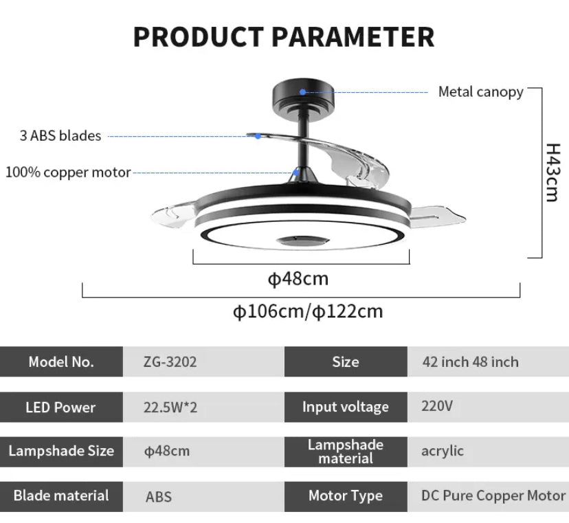 Modern Ventilation Fans Bedroom, Dining Room Bluetooth Speaker LED Ceiling Fan 42 Inch Remote Control