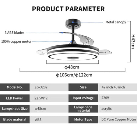 Modern Ventilation Fans Bedroom, Dining Room Bluetooth Speaker LED Ceiling Fan 42 Inch Remote Control