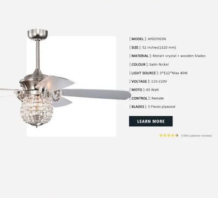 Modern Ventilation Fans Indoor Home, Living Room, Bedroom, Dining Room 52 Inch Ceiling Fan Crystal Ceiling Fan Light