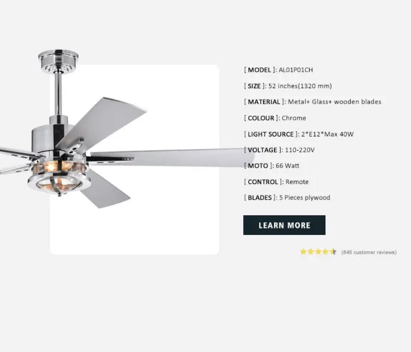 Modern Ceiling Fan Remote Control 52 Inch Ventilation Fan Indoor Dining Room Ceiling Fan With Light