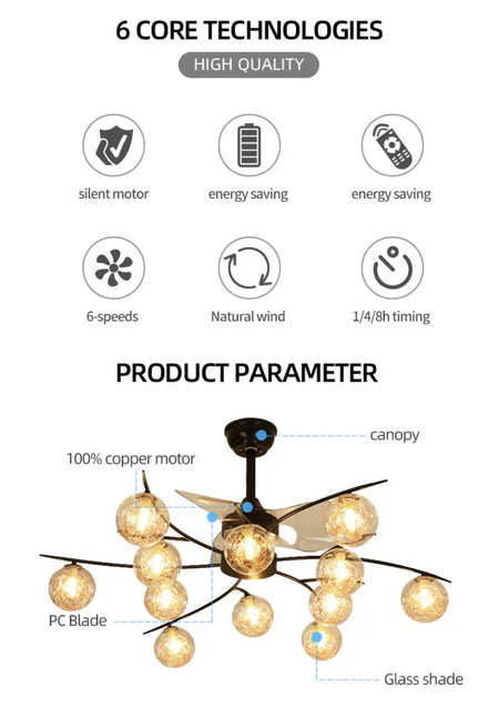 Modern Design Ventilation Fans Northern Europe 12 Heads Led Ceiling Fans Dining Room, Living Room Ceiling Fan Light
