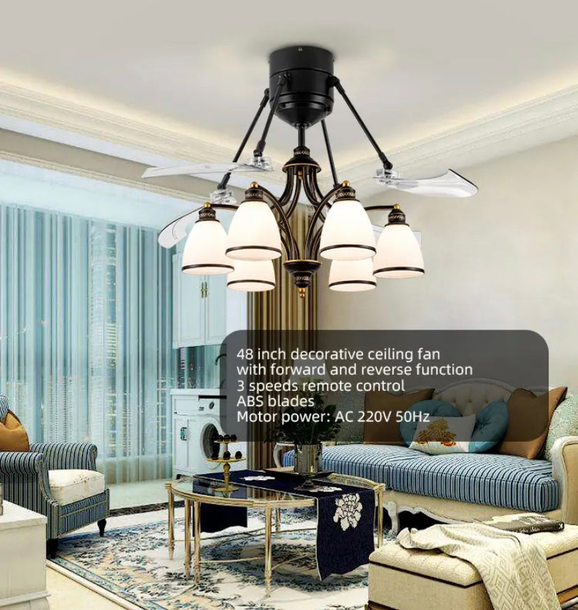 Modern Ventilation Fans Glass 48 Inch European Style Ceiling Light Living Room, Dining Room Remote Control Ceiling Fan Light