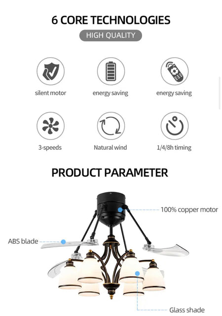Modern Ventilation Fans Glass 48 Inch European Style Ceiling Light Living Room, Dining Room Remote Control Ceiling Fan Light