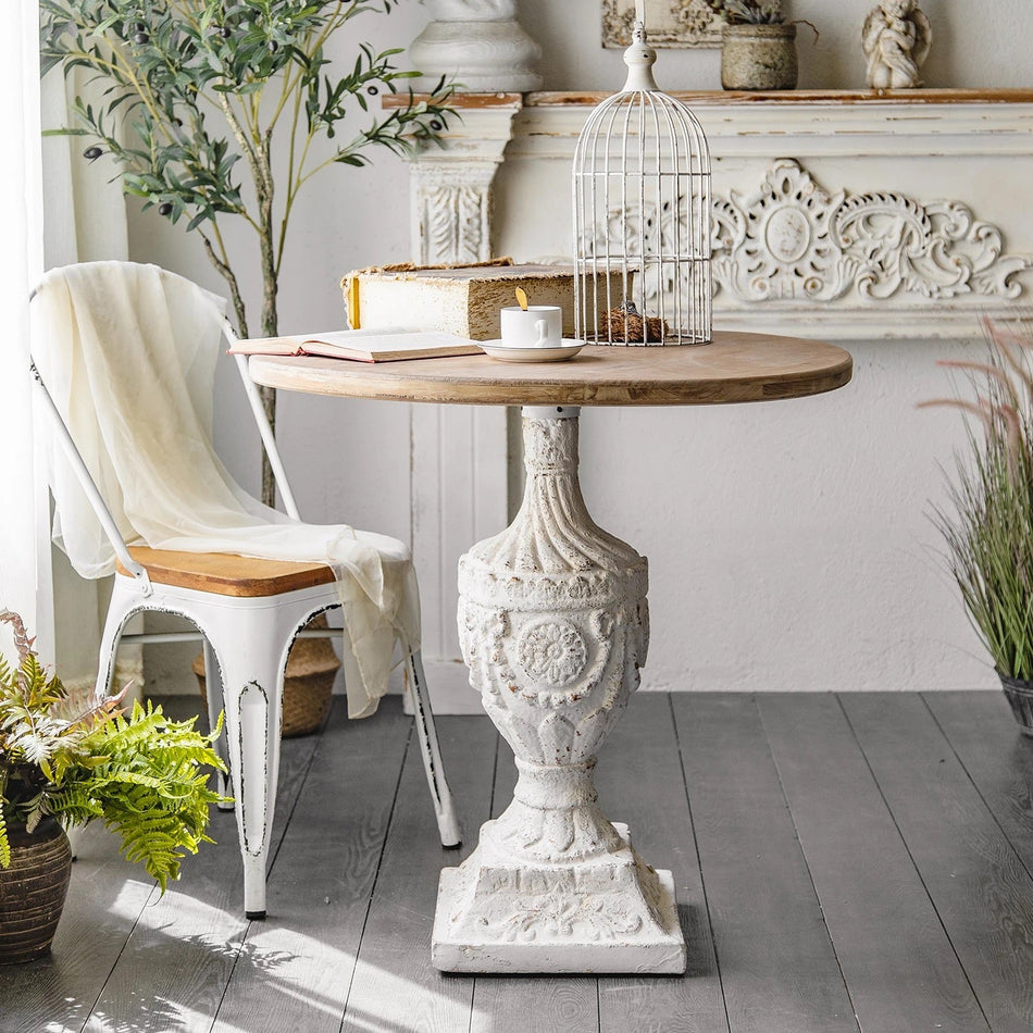 White Antique Coffee Tea Table Living Room Carved Round Accent Table
