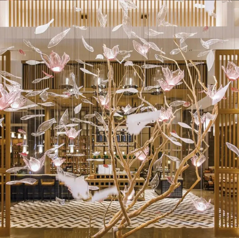 Designer Chandelier Crystal Pink Flower White Butterfly Shape Villa Hotel Lobby Decor Lights