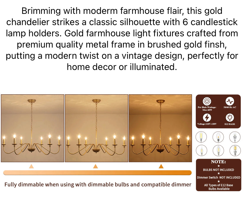 Vintage Chandelier Classic Wagon Gold 6 Lights Dining Room Hanging Lights