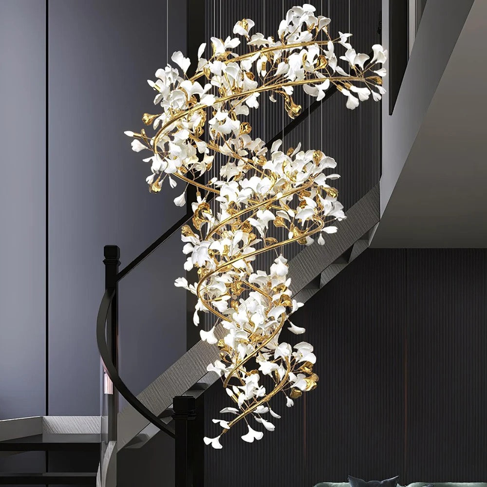 Designer Chandelier Extra Large Tall Ceramic Leaf High Decorative Luxury Loft Hotel, Home Stairs Lights