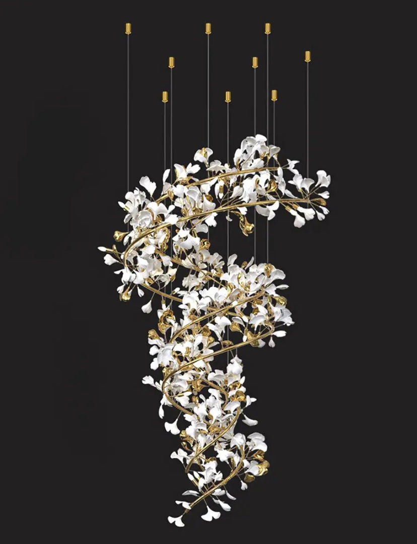 Designer Chandelier Extra Large Tall Ceramic Leaf High Decorative Luxury Loft Hotel, Home Stairs Lights