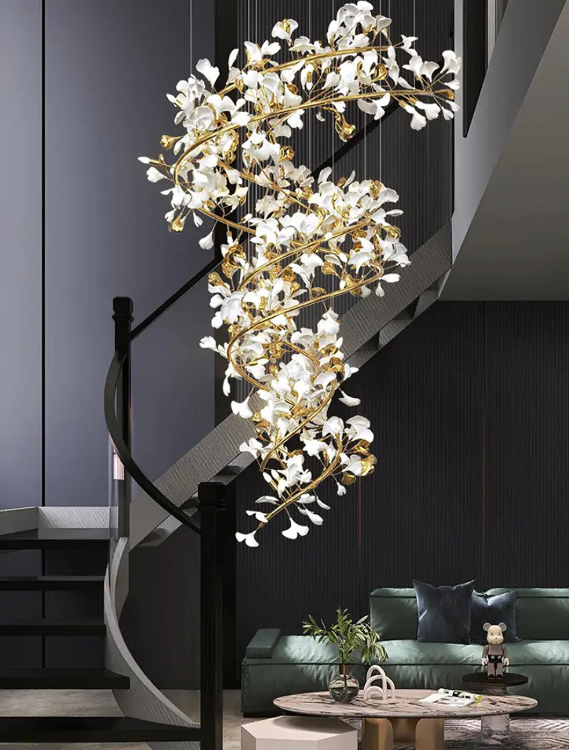 Designer Chandelier Extra Large Tall Ceramic Leaf High Decorative Luxury Loft Hotel, Home Stairs Lights