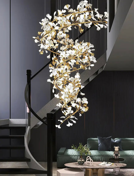 Designer Chandelier Extra Large Tall Ceramic Leaf High Decorative Luxury Loft Hotel, Home Stairs Lights