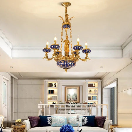 Antique Chandelier Retro Court European All Copper Ceramic Chandelier French Style Living Room Lobby Villa Lighting