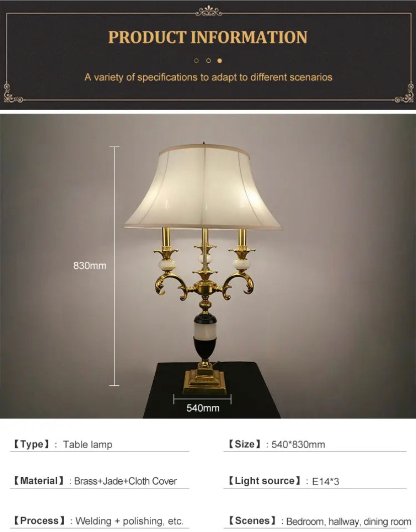 French Antique Desk Lamp Living Room Bedroom Natural Jade Led Copper Brass Desk Light