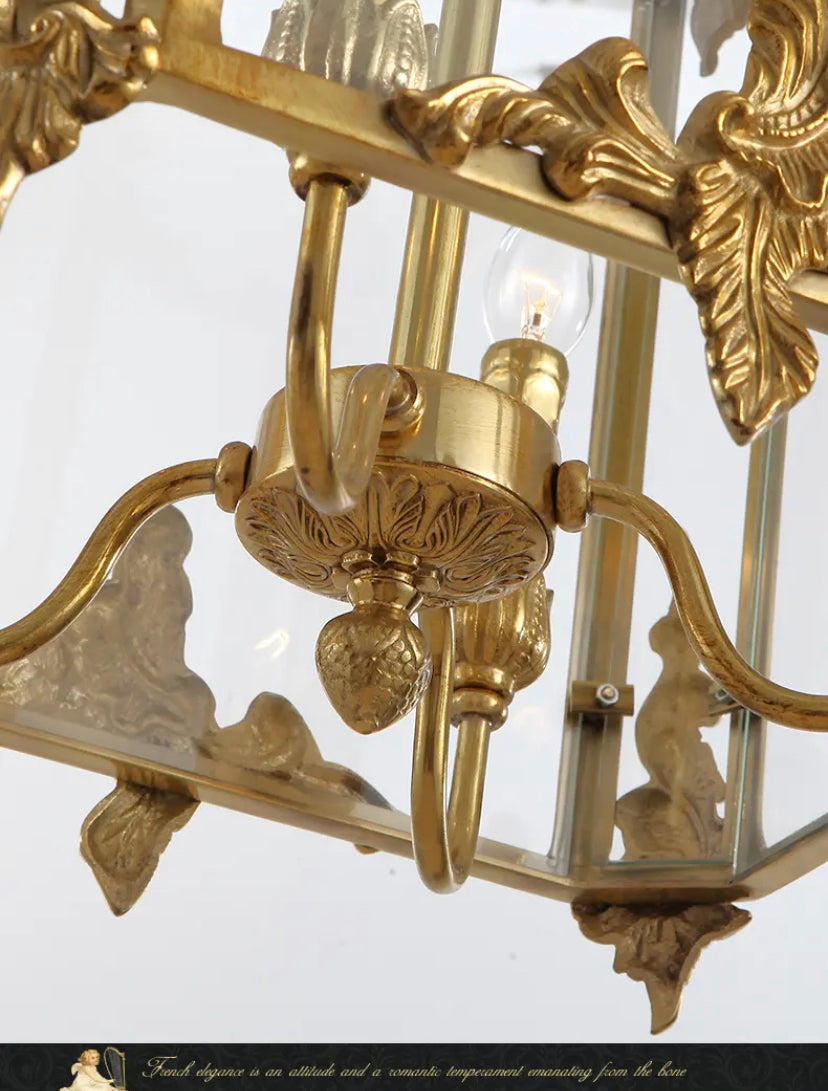 Vintage French Pendant Light Rococo Rectangle Brass Glass Hanging Lanterns Birdcage Pendant Light