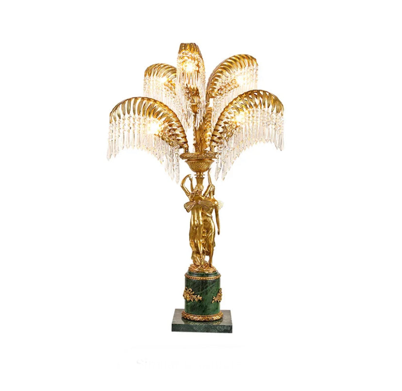 French Vintage Table Lamp Palm Leaves Brass Crystal Large Desk Lamp Home Living Room Office Led Table Lamp