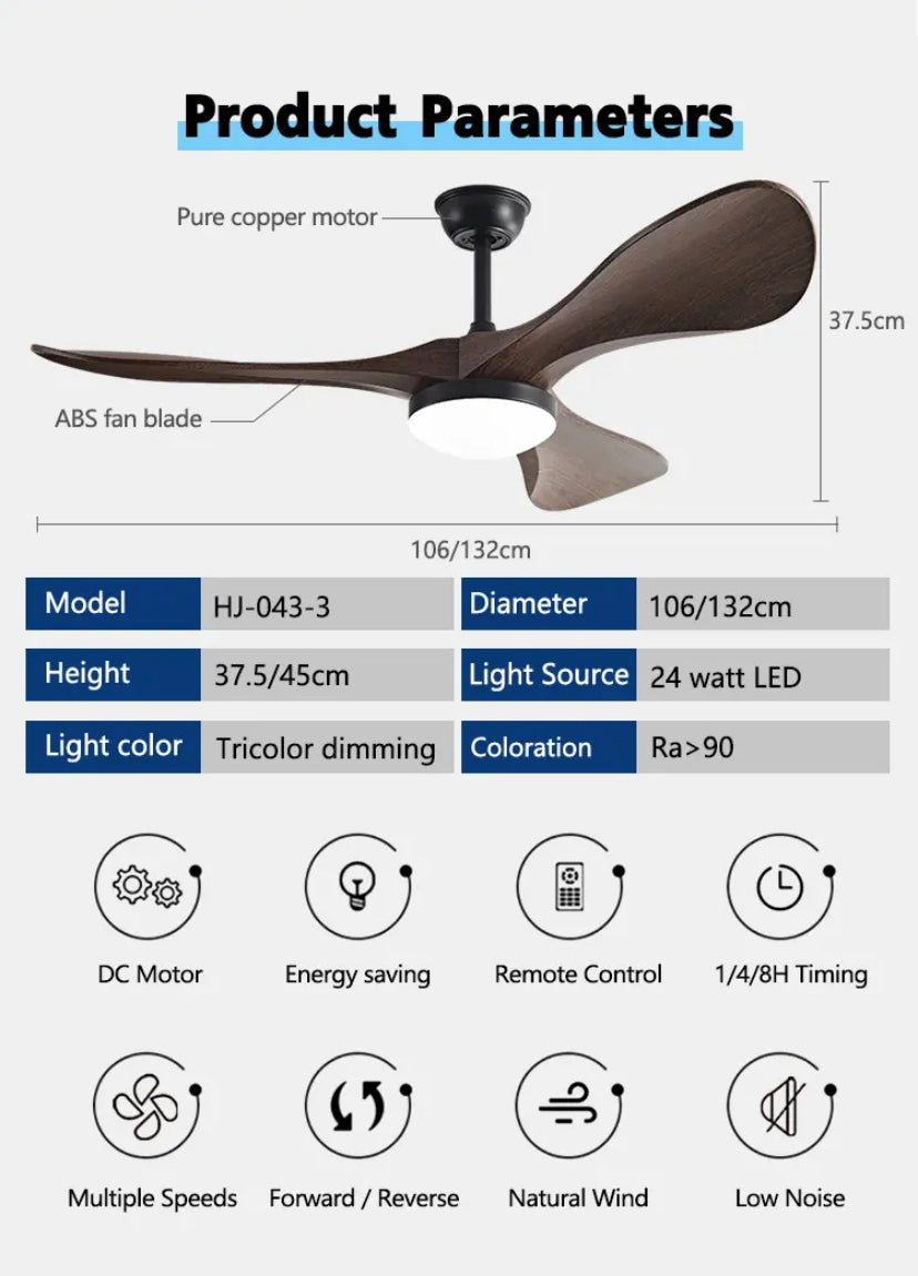 Modern Simple Ventilation Fans 52 Inch Home. Hotel Living, Dining Room Remote Control Led Ceiling Fan Light