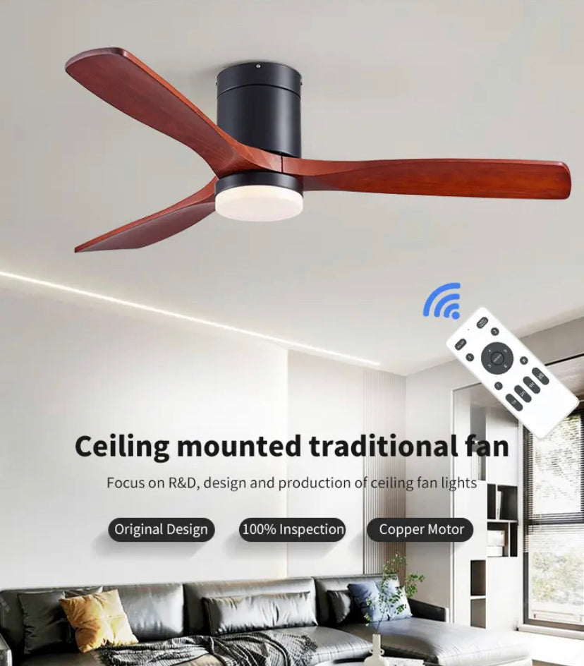 Modern Ventilation Fans Dining Room, Living Room , Bedroom Solid Wood Blade Ceiling Fan With LED Light