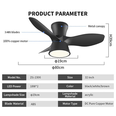 Modern Ventilation Fans 32 Inch 3 Blades With Remote Control Ceiling Light Household Office Ceiling Fan