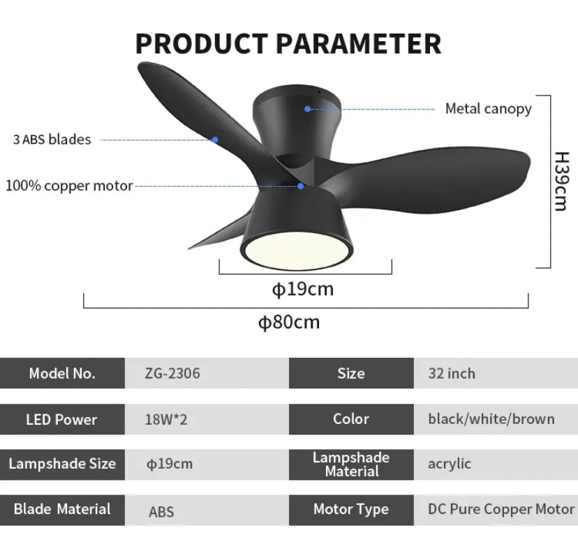 Modern Ventilation Fans 32 Inch 3 Blades With Remote Control Ceiling Light Household Office Ceiling Fan