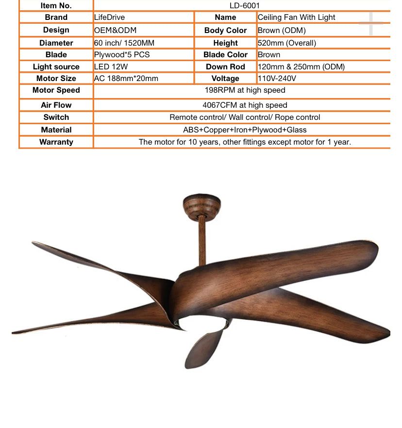 Designer Ventilation Fans American Creative Ceiling Fan Living Room, Bedroom, Dining Room Big Size Fancy Wood LED Ceiling Fan