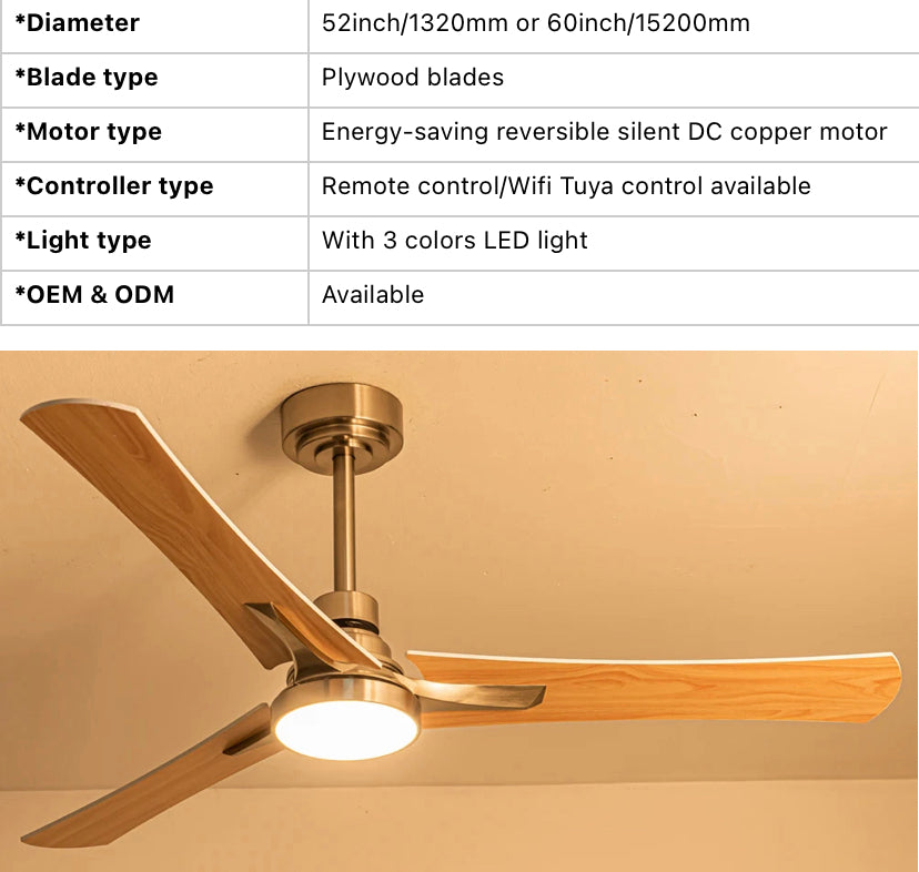 Nordic Style Ventilation Fans Living Room Dining Room Remote Control Double Side Plywood Blade Ceiling Fan With LED Light