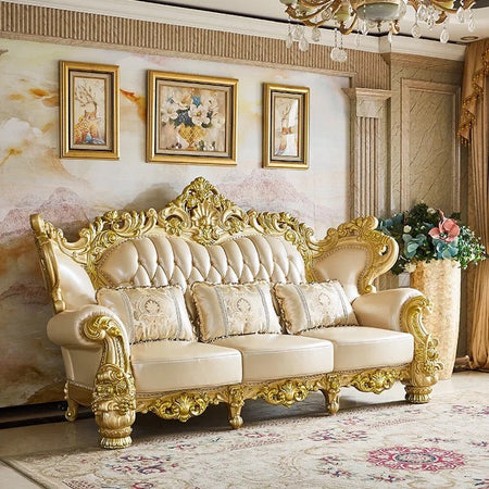 2023 New Arrival Antique European Sofa Baroque Style Classic Design Real Leather Sofa Set 