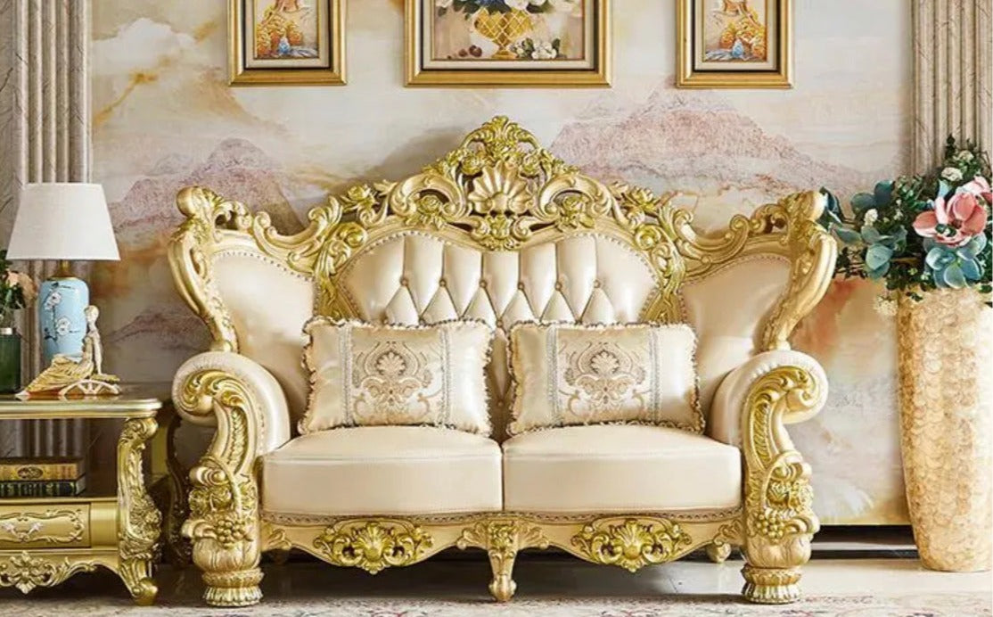 2023 New Arrival Antique European Sofa Baroque Style Classic Design Real Leather Sofa Set 