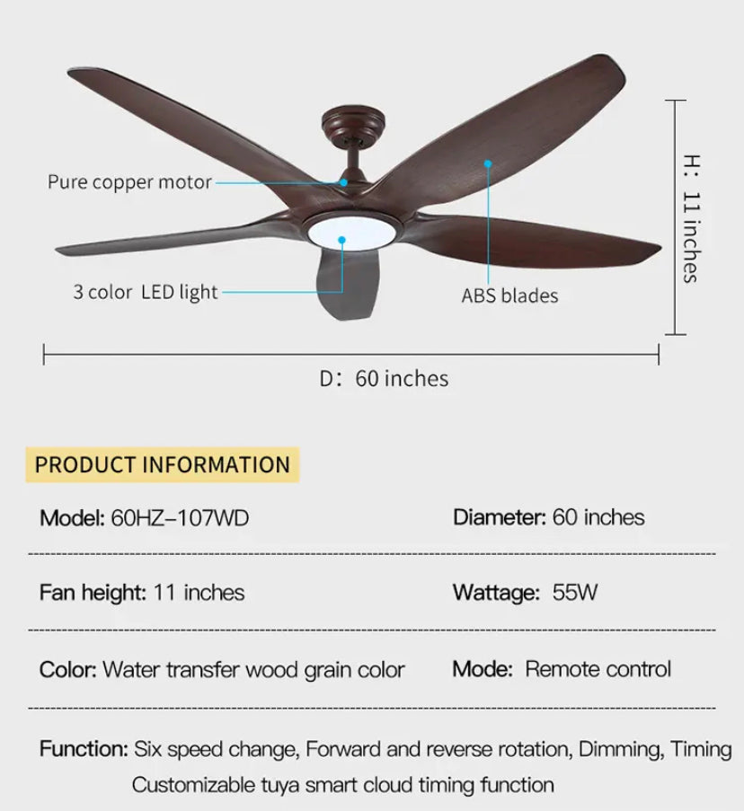 Modern Ventilation Fans Home, Hotel Dining Room, Living Room, Bedroom 60 Inch Big Ceiling Fan With Led Light