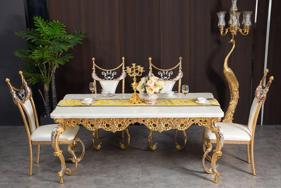 Dining Table Royal Luxury Golden Copper and Marble Top Baroque Design Dining Table