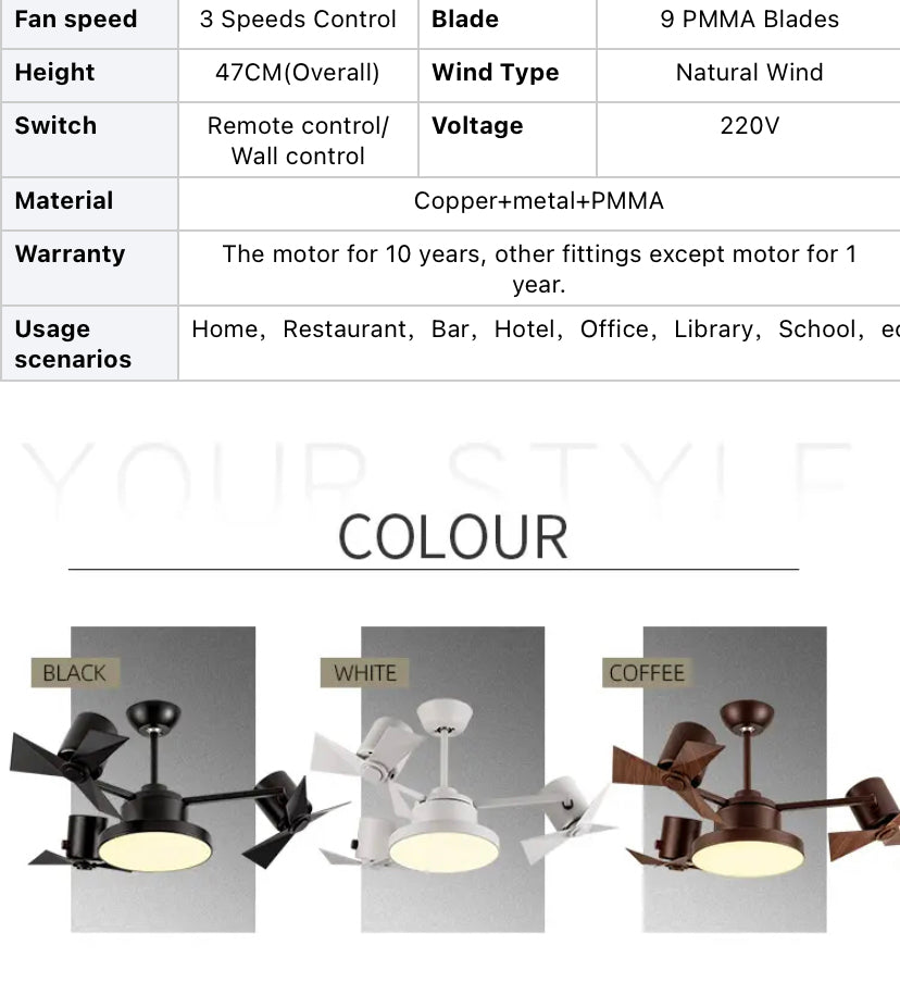 Designer Ventilation Fans Indoor Low Noise Ceiling Fan Bedroom, Dining Room, Living Room Ceiling Fan Light