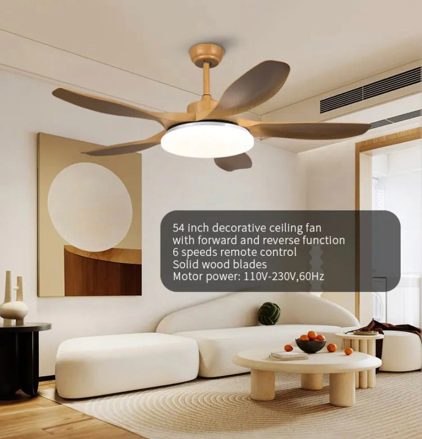 Modern Nordic Ventilation Fans 5 Solid Wood Blades Ceiling Light Retro Household Fan Lights