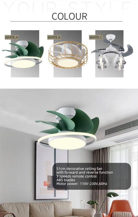 Modern Nordic Ventilation Fans Home, Hotel Living Room, Bedroom Green White Led Ceiling Fan Light