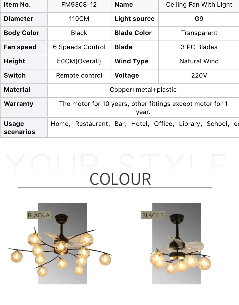 Modern Design Ventilation Fans Northern Europe 12 Heads Led Ceiling Fans Dining Room, Living Room Ceiling Fan Light