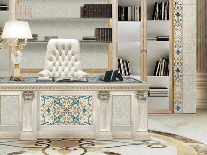 Baroque Office Cabinet Italian Classical Royal Luxury Wood Carving Office Desk Set