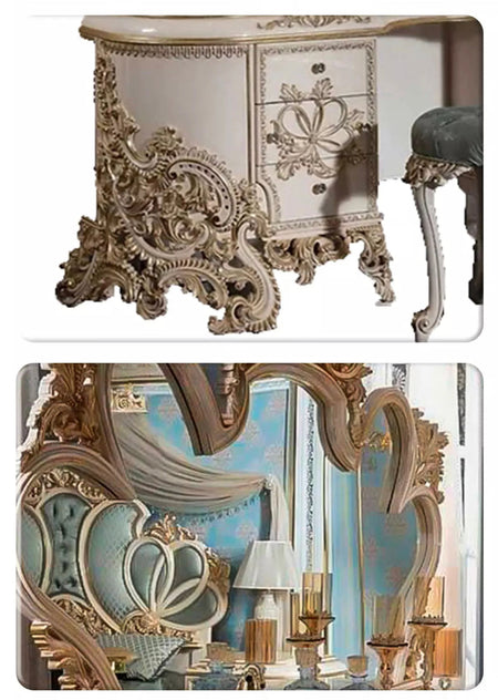 Dressing Table Hand Carved Mirror and Drawers Luxury Baroque Furniture Wood Vanity Set