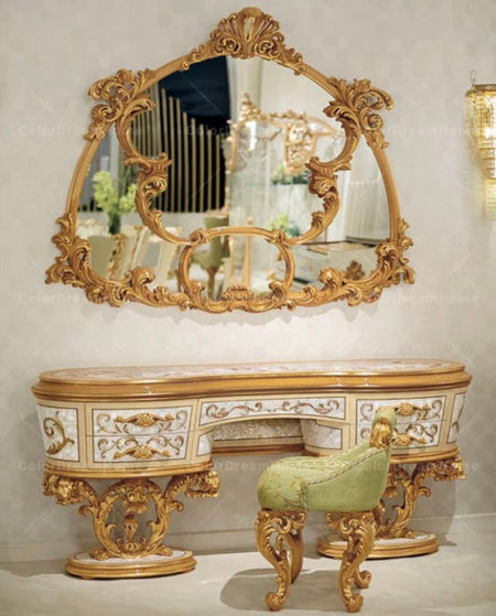 Luxury Baroque Italian French Arabic Royal Style Furniture Bedroom Heavy Carved Dresser Set Schminktisch