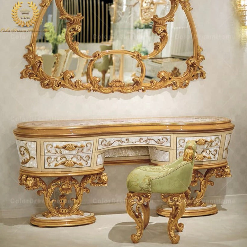 Luxury Baroque Italian French Arabic Royal Style Furniture Bedroom Heavy Carved Dresser Set Schminktisch