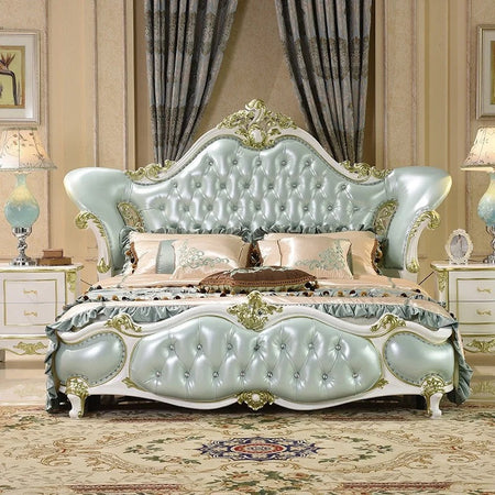 European Design Bedroom Leather Bed Solid Wood Baroque Style Bedroom Furnitures