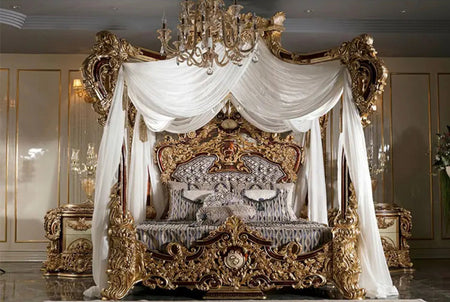 Bedroom Furniture Classic Antique Hand Made King Canopy Bed Set Luxury Design Wooden Furniture