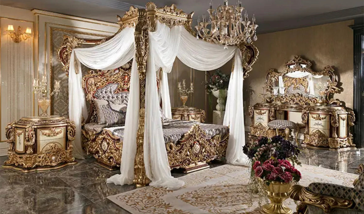 Bedroom Furniture Classic Antique Hand Made King Canopy Bed Set Luxury Design Wooden Furniture