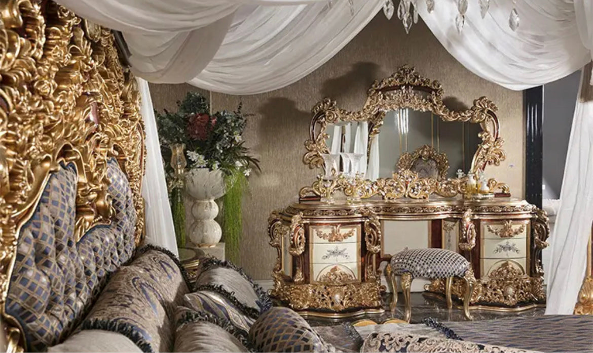 Bedroom Furniture Classic Antique Hand Made King Canopy Bed Set Luxury Design Wooden Furniture