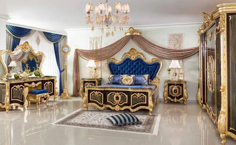 Bedroom Furniture Classical European Baroque Style Furniture Antique Royal Velvet Headboard Gold Leaf King Size Bedroom Set