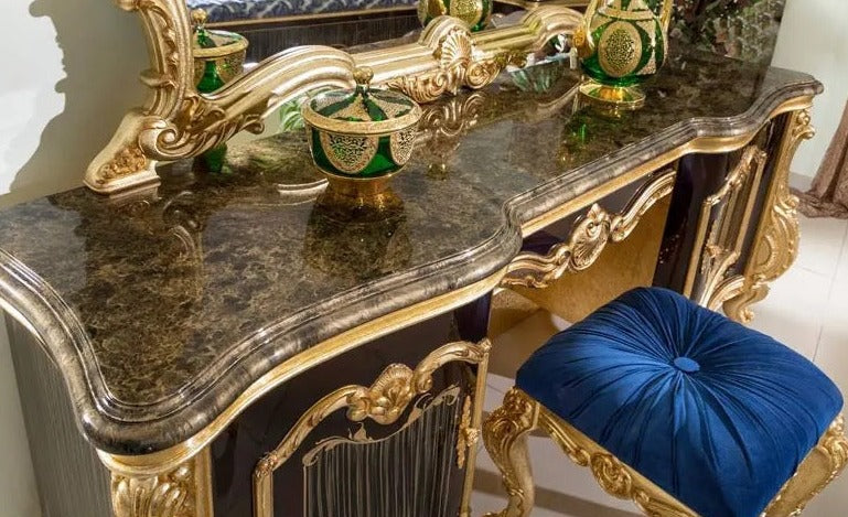 Bedroom Furniture Classical European Baroque Style Furniture Antique Royal Velvet Headboard Gold Leaf King Size Bedroom Set