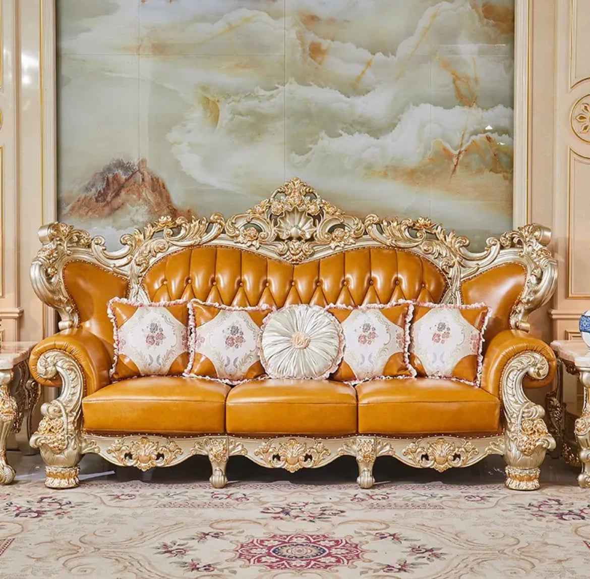 3+2+1 Sofa Set Living Room Furniture Gold Frame Leather Baroque Design Sofa Set