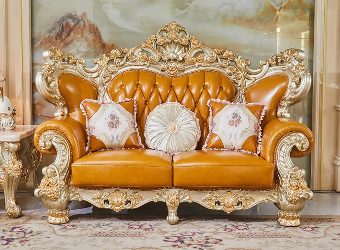 3+2+1 Sofa Set Living Room Furniture Gold Frame Leather Baroque Design Sofa Set