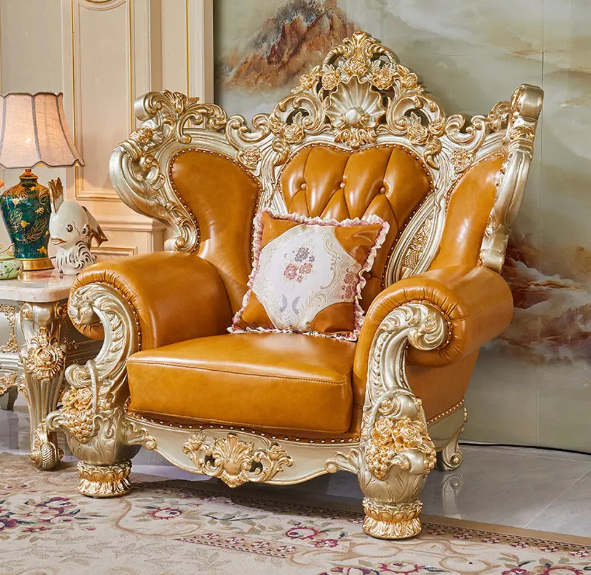 3+2+1 Sofa Set Living Room Furniture Gold Frame Leather Baroque Design Sofa Set