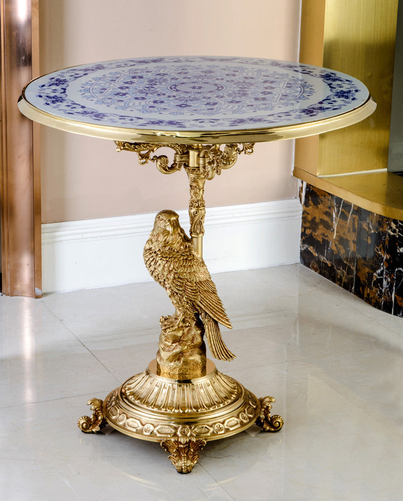 Luxury Side Table Antique Hand Painted Wood Bird Cast Brass Tea Table Baroque Design Furniture