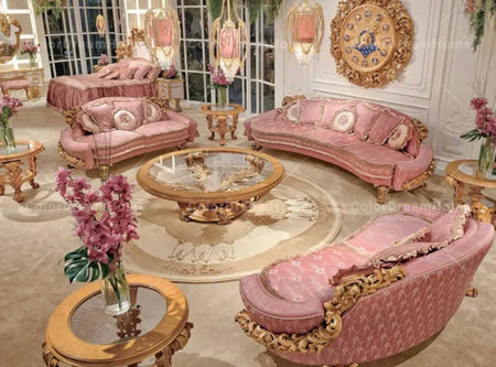 Exclusive Sectional Sofa Units Italian Luxury Carved Living Room Furniture Pink Solid Wood Baroque Design Sofa Set